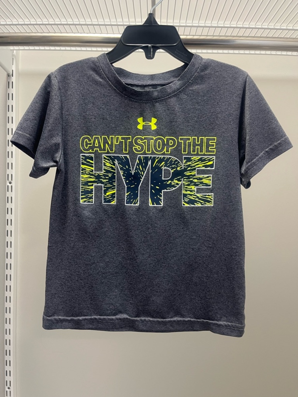 Under Armour Charcoal Tee with Neon Yellow Graphic - "Can't Stop The Hype"